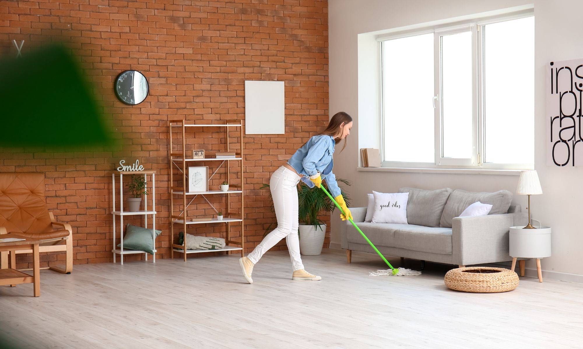 Young Woman Mopping Floor In Room